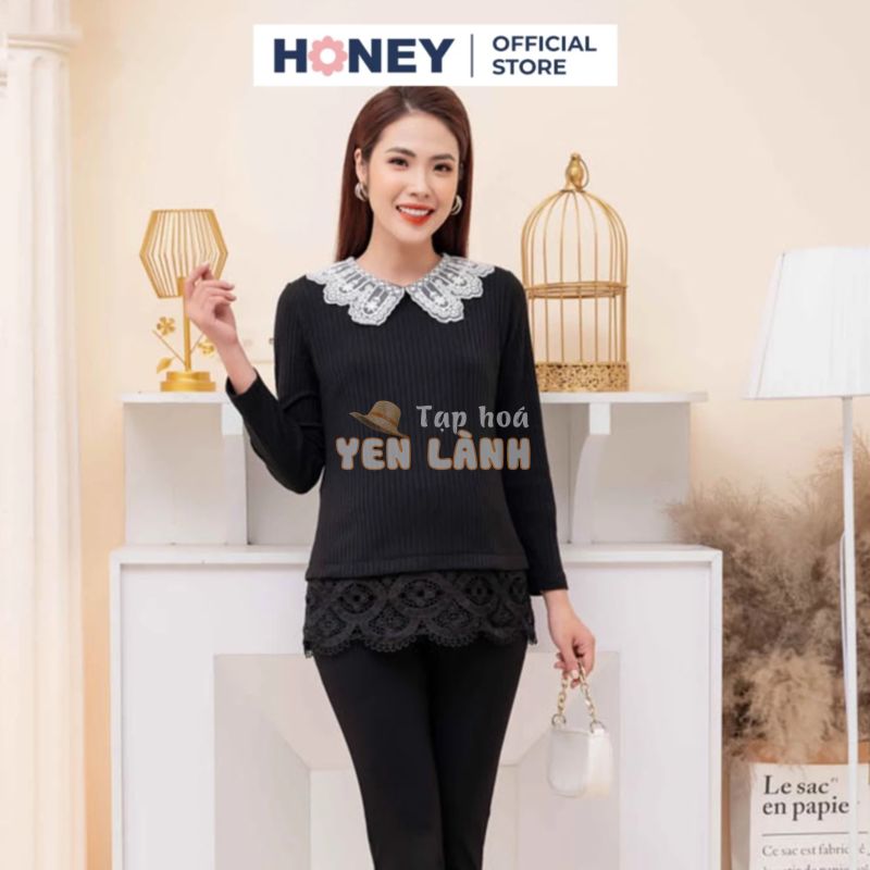 Áo len mềm co giãn 4 chiều, phối cổ và chân ren, 2 màu – Thời trang đầm bầu cao cấp HONEY