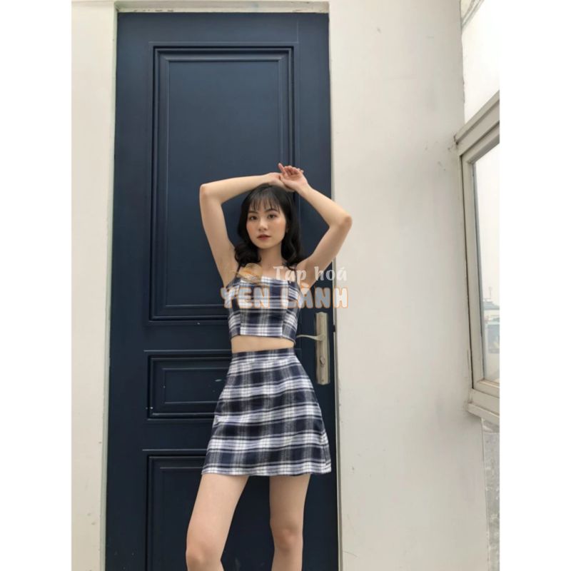 (có đệm ngực) SET ÁO CROPTOP 2 DÂY CARO THẮT NƠ MIX CHÂN VÁY KẺ CHỮ A ULZZANG -(Sắn)