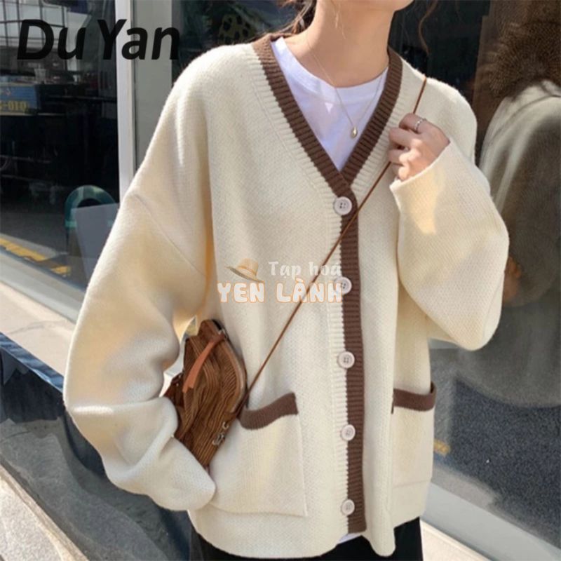 Áo Khoác cardigan Dệt Kim Cổ Chữ V Dáng Rộng Màu Sắc retro Dành Cho Nữ