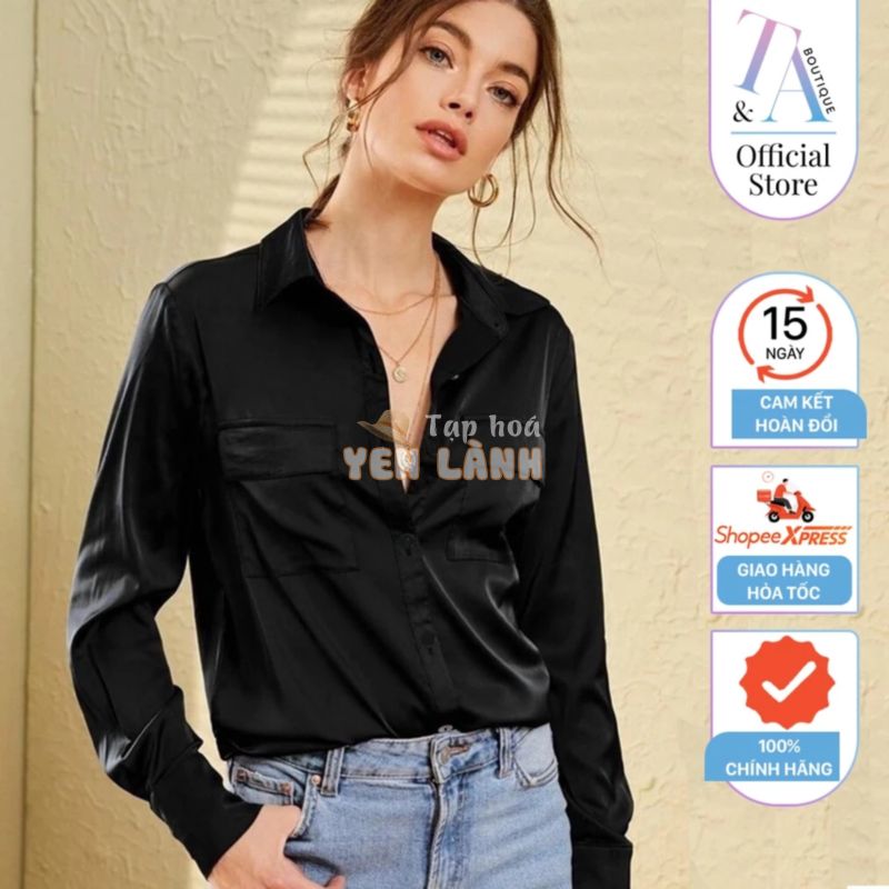 Áo sơ mi nữ Satin pocket shirt Celebshop Edition màu đen trung tính, sang trọng dễ phối đồ ChiDu – TA022