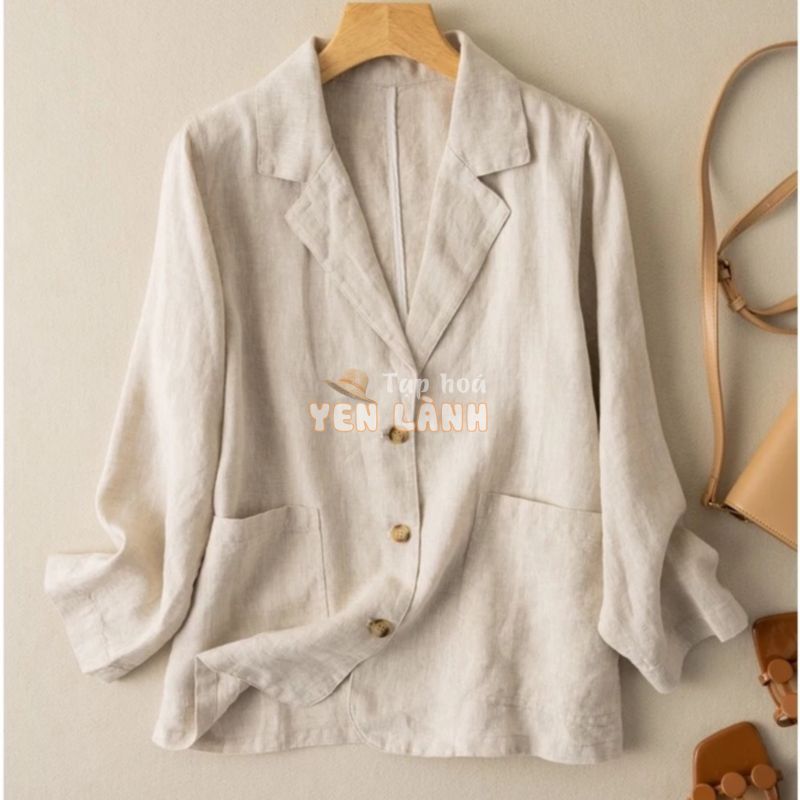 Áo Blazer Nữ Chất Linen Bột Cao Cấp. Hàng 1 Lớp, 2 Túi, 2 Cúc Màu Trắng BZ03