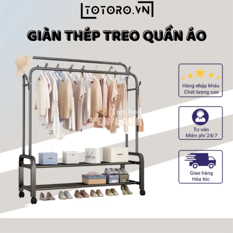 Giàn treo quần áo đôi thép đen sơn đen nhám tĩnh điện cao cấp có bánh xe di chuyển dễ dàng có thể khóa