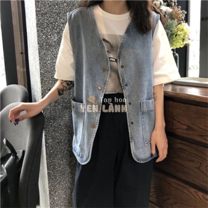 Áo khoác gile không tay chất denim phong cách năng động cho nam và nữ