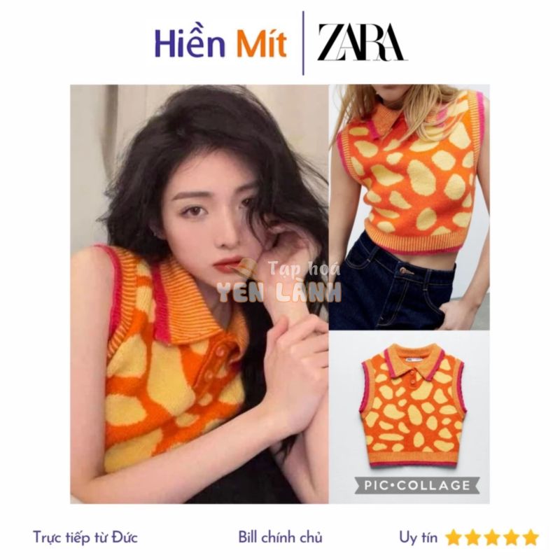 Zara Đức – Áo len họa tiết da beo màu cam không tay đính nút auth new tag cao cấp chính hãng có sẵn sale 3859/013 gile