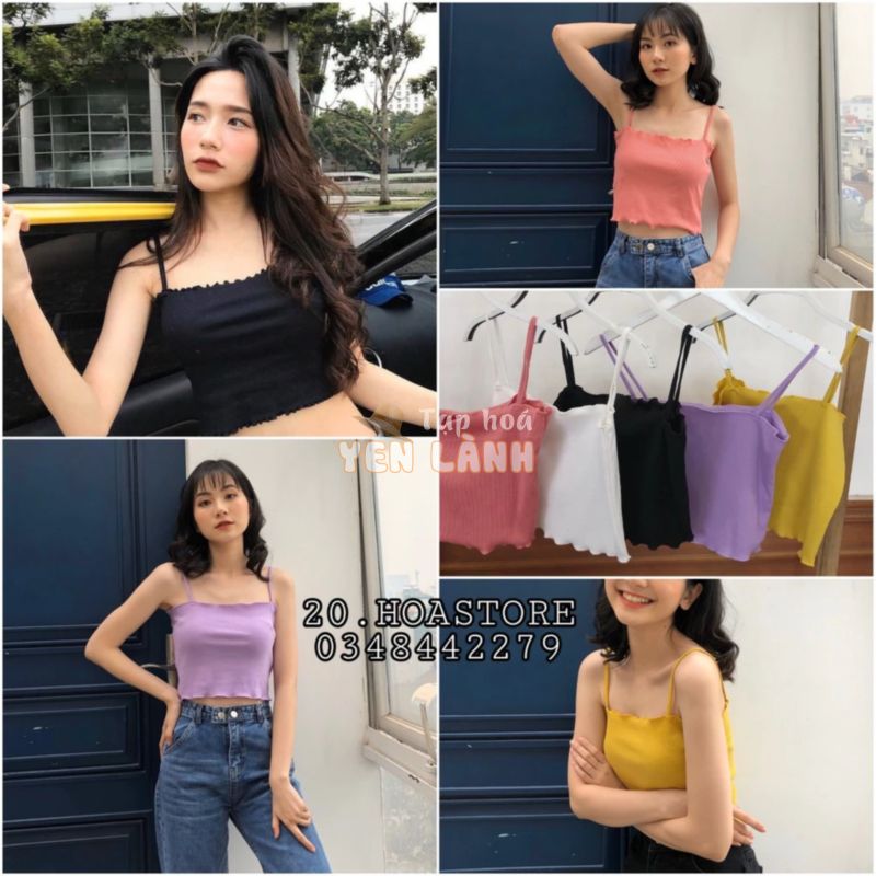 ÁO 2 DÂY LEN TĂM VIỀN BÈO VÀNG TÍM HỒNG ĐEN TRẮNG – CROPTOP CUỐN BIÊN ULZZANG