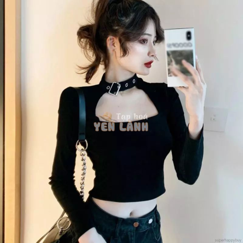 Áo Thun Croptop Tay Dài Cổ Vuông Hở Bụng Thời Trang Hàn Quốc Dành Cho Nữ