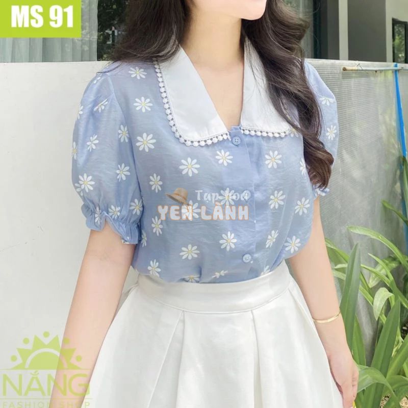 MS91 áo sơ mi nữ hoạ tiết hoa cúc cổ sen phối ren xinh xắn