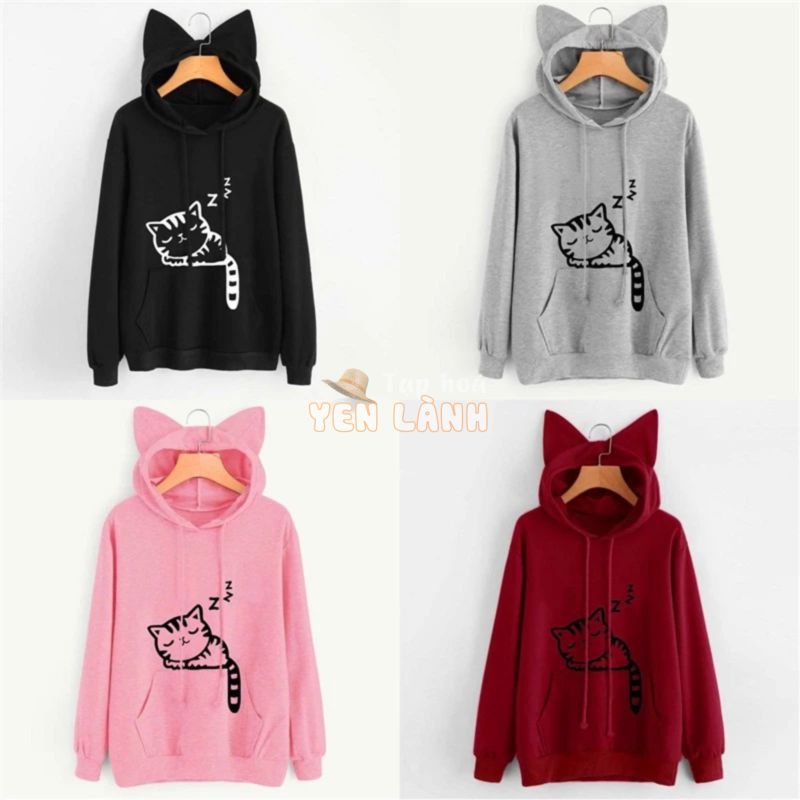 Áo hoodie nữ phối tai mèo và in hình mèo thời trang xinh xắn