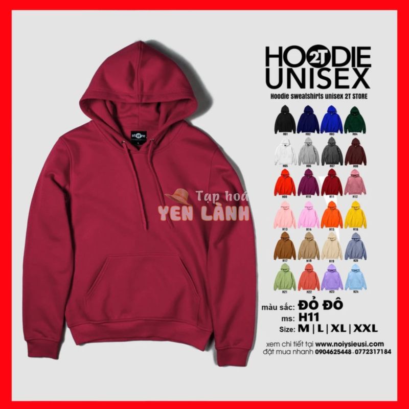 Áo hoodie unisex 2T Store H11 màu đỏ đô – Áo khoác nỉ chui đầu nón 2 lớp dày dặn chất lượng đẹp