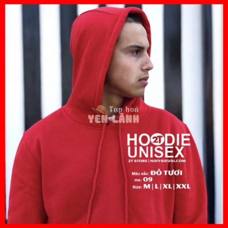 Áo hoodie unisex 2T Store H09 màu đỏ tươi – Áo khoác nỉ chui đầu nón 2 lớp dày dặn đẹp chất lượng