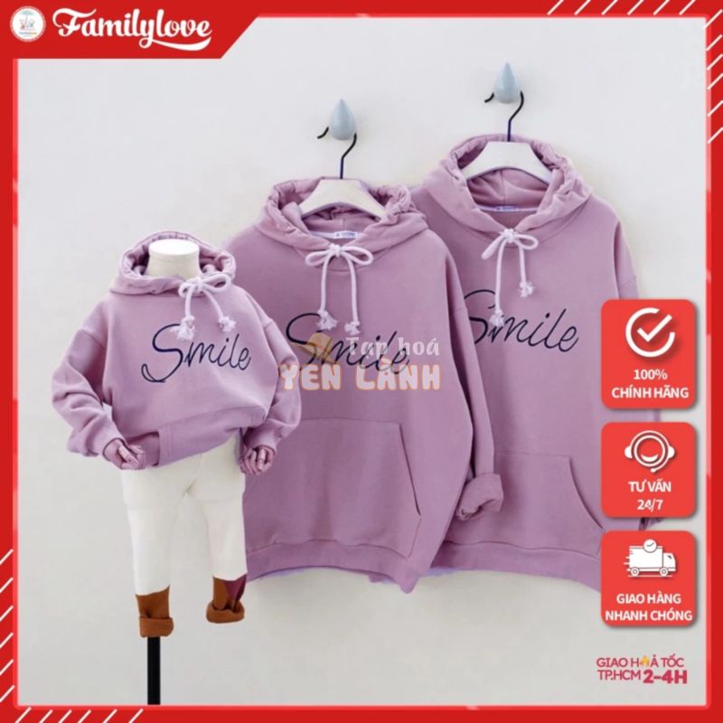 Áo Hoodie Gia Đình Familylove – Áo Hoodie Nón/Túi Chữ Smile Chất Liệu Nỉ Da Cá Cao Cấp