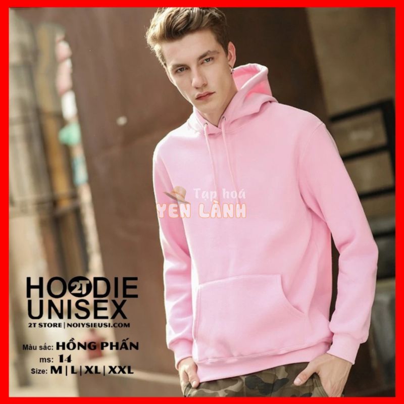 Áo hoodie unisex 2T Store H14 màu hồng phấn – Áo khoác nỉ bông chui đầu nón 2 lớp dày dặn đẹp chất lượng