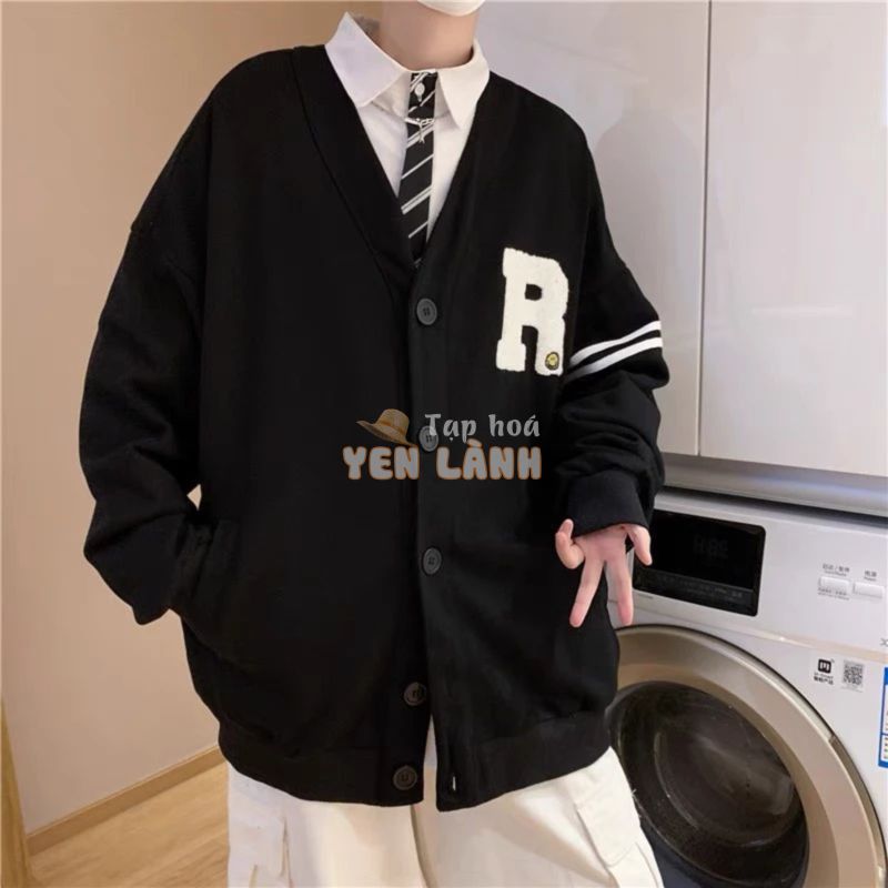 Cardigan   Áo khoác cardigan nam nữ màu đen chữ R phong cách hàn quốc