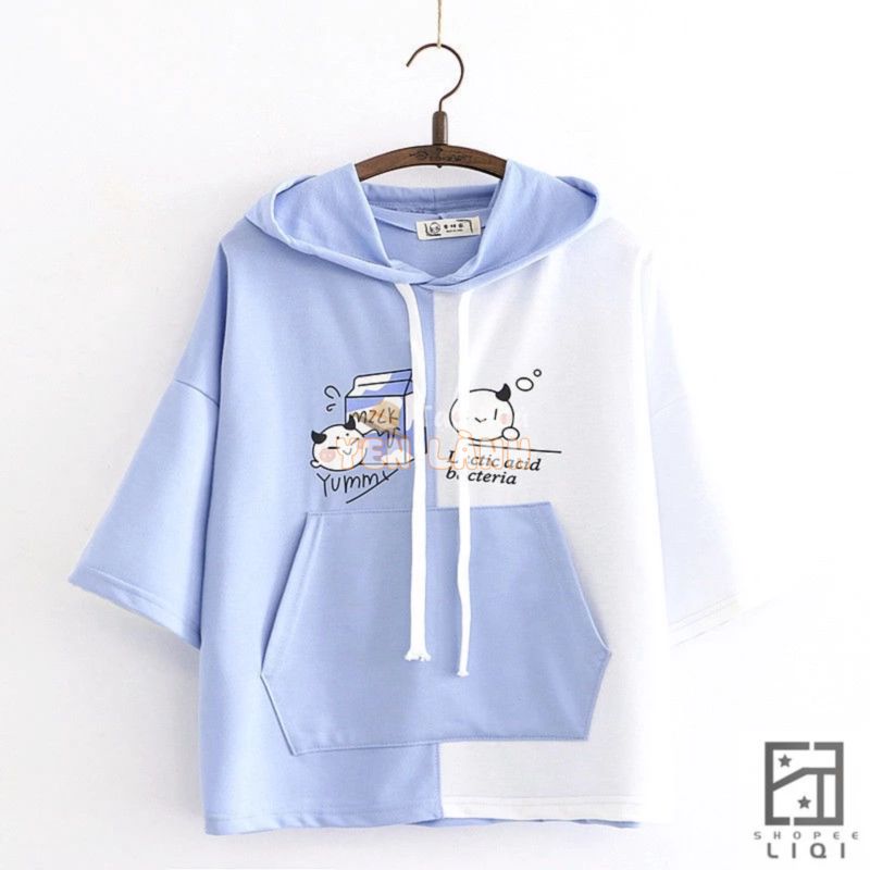 Áo Hoodie Lửng Tay Lỡ In Họa Tiết Dễ Thương Phong Cách Nhật Bản Thời Trang Cho Nữ