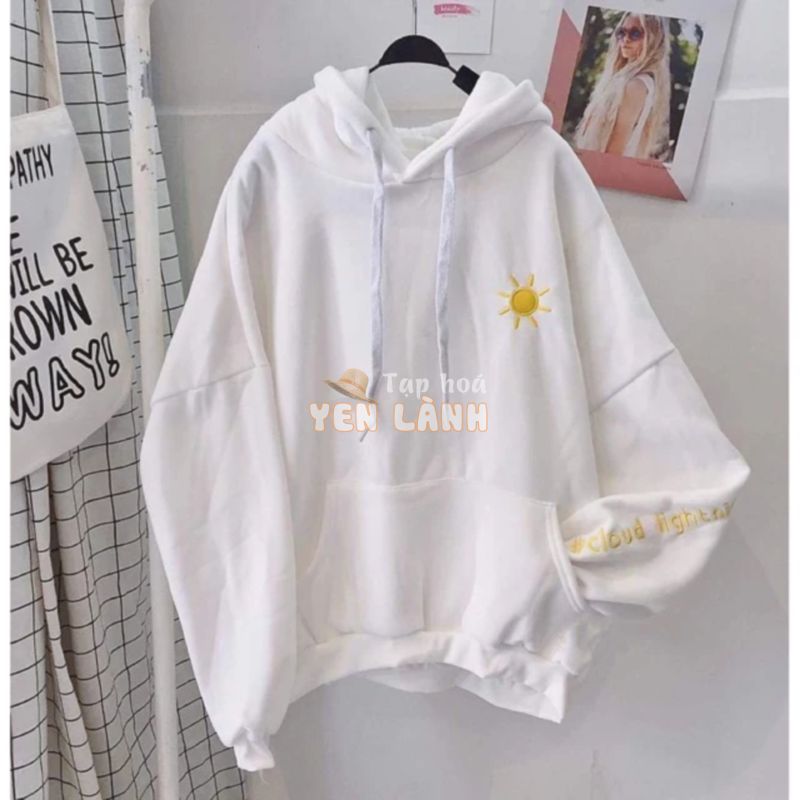 áo hoodie nữ vải nỉ lót bông dày dặn thêu mặt trời trắng