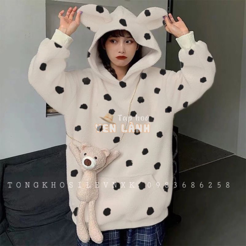 (Tặng Gấu Bông 35k) Set Áo Hoodie Nữ Tai Gấu Chó Đốm mix Gấu Teddy Đeo Chéo Màu Trắng Đen ulzzang