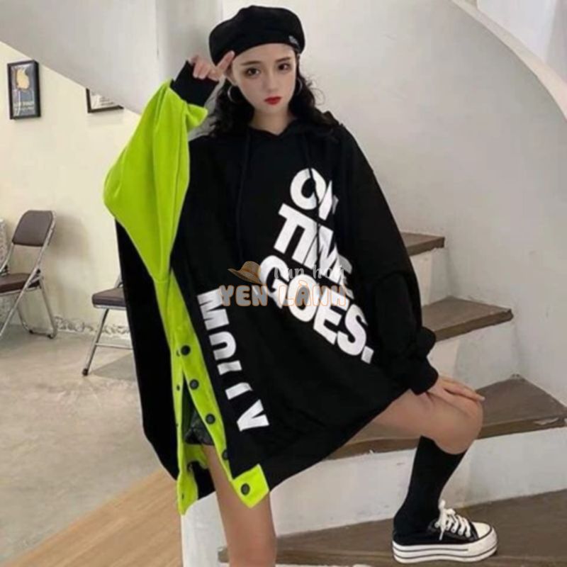 Áo hoodie tay dài độc lạ form rộng gài nút có thể mở thành xẻ tà ulzzang màu đen