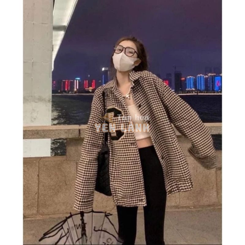 Áo khoác dạ   Áo khoác nữ dài tay kẻ thêu chữ C form rộng oversize dành cho nữ PHULA style Ulzzang