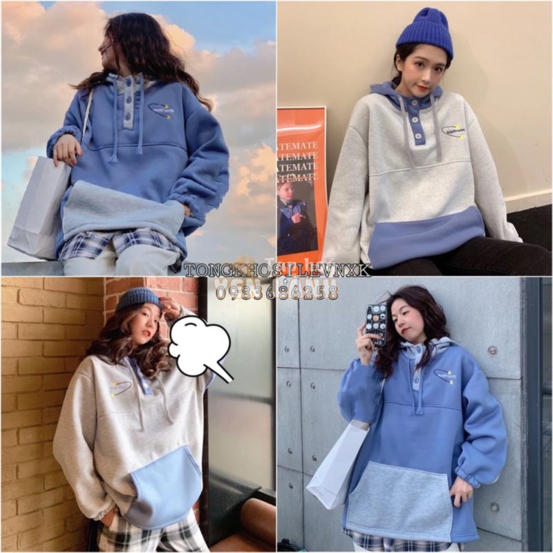 ÁO HOODIE PHỐI MÀU MŨ TÚI SUDFRUCHT – ÁO NỈ NGOẠI HOODIE CÚC CÀI TAY CHUN PHỒNG XANH XÁM