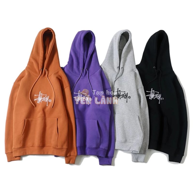 Áo hoodie tay dài dáng rộng thêu chữ Stussy thời trang nhiều màu tùy chọn cho nam và nữ