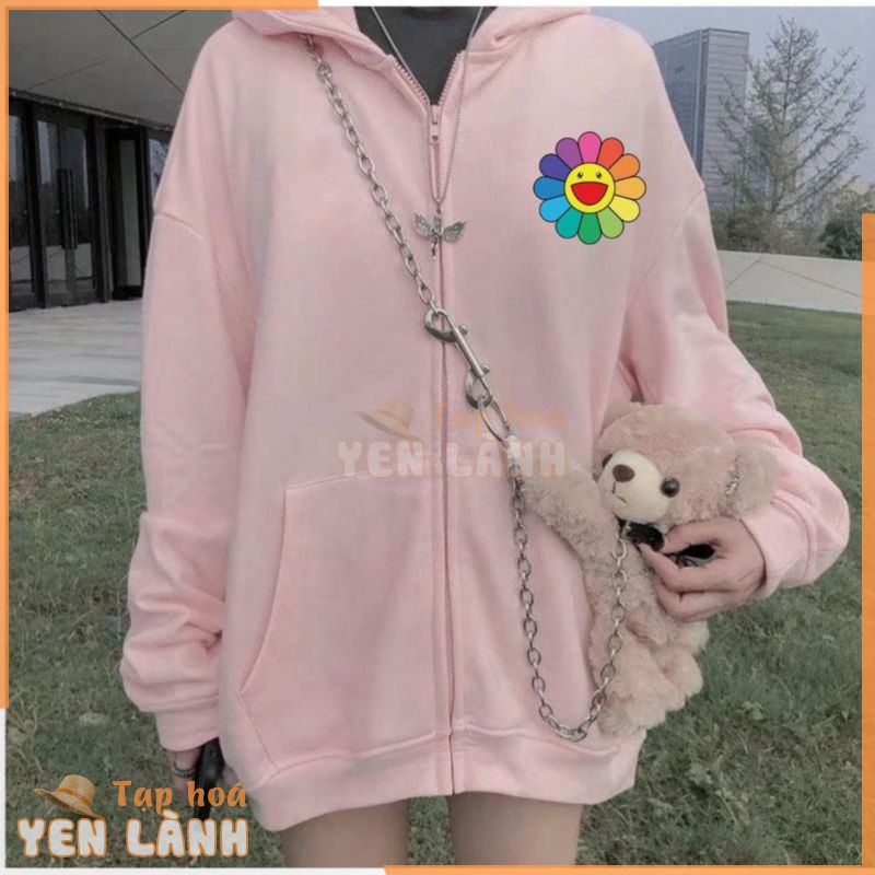 [SALE] Áo Khoác Khóa Nỉ Nữ Kiểu Dáng Hoodie Mũ Túi Bo Tay Gấu In Logo Hoa Cúc Nhiều Màu Mặc Đi Chơi Đi Học