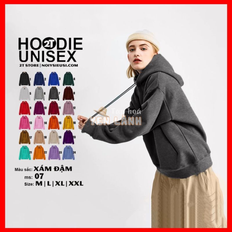 Áo hoodie unisex 2T Store H07 màu xám đậm – Áo khoác nỉ chui đầu nón 2 lớp dày dặn đẹp chất lượng