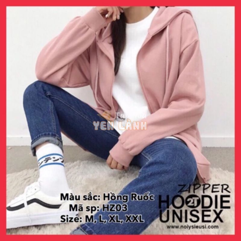 Áo hoodie zipper unisex 2T Store HZ03 màu hồng ruốc – Áo khoác nỉ dây kéo nón 2 lớp dày dặn chất lượng đẹp