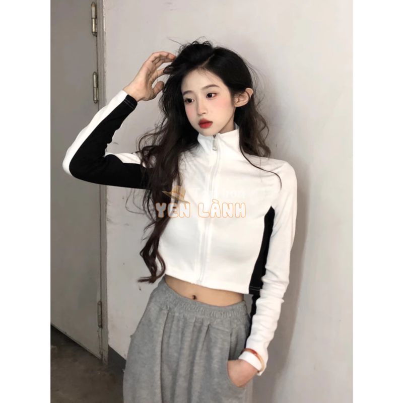 Áo Khoác Nữ Dáng Ngắn Cổ Đứng 100% Cotton Tôn Dáng Phong Cách Biker, Áo Khoác Croptop Nữ Sexy 2 Màu Thể Thao