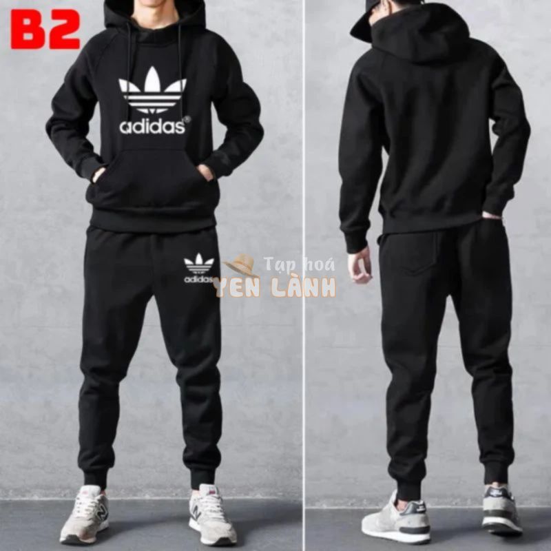 Adidas Bộ Đồ Thể Thao Áo Khoác Hoodie Màu Trơn Phối Quần Dài Ấm Áp Cho Nam