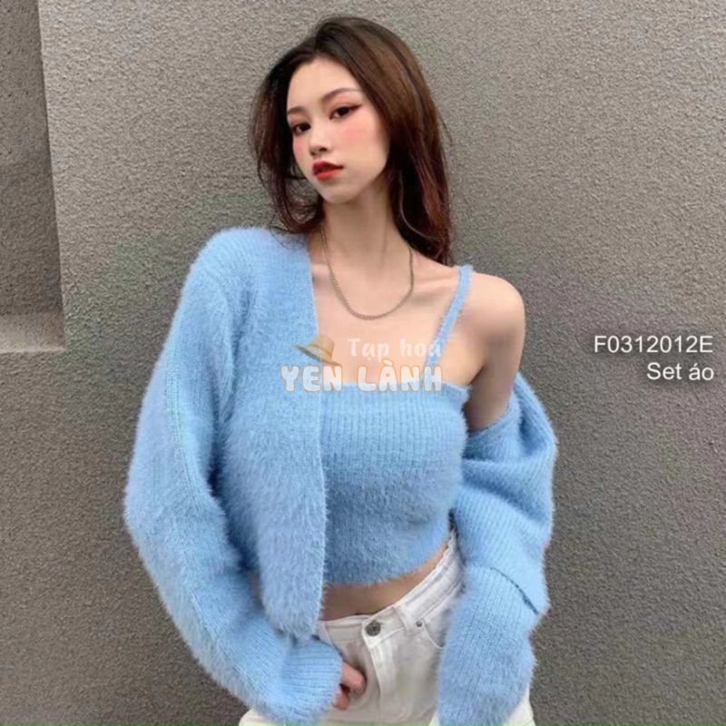 Set áo len lông áo khoác tay dài phối áo croptop 2 dây thời tranh!