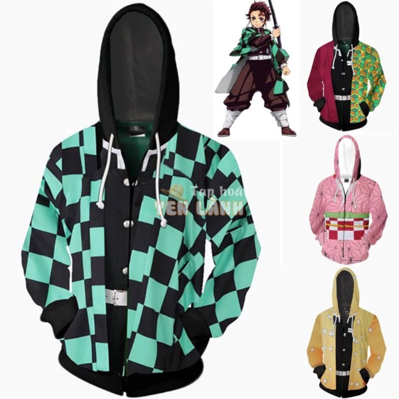 Áo khoác hoodie phối dây kéo phong cách Anime Demon Slayer Kimetsu no Yaiba Kamado Tanjirou Nezuko