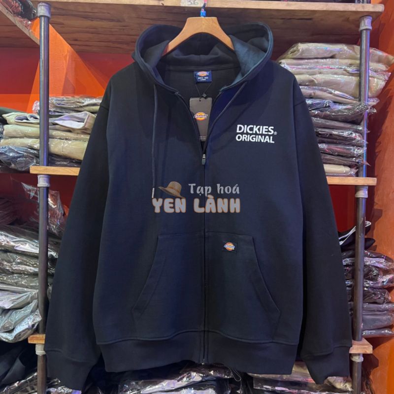 Áo khoác Hoodie Dickies dây kéo chính hãng – Màu đen có hình in.