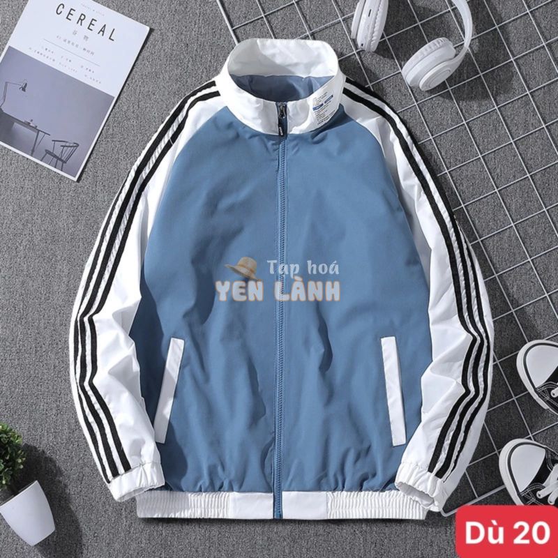 Áo khoác dù nam màu trắng xanh 3 sọc chất liệu dù gió 2 lớp cao cấp dáng form bóng chày bomber đẹp ADOSHOP6 mẫu mới