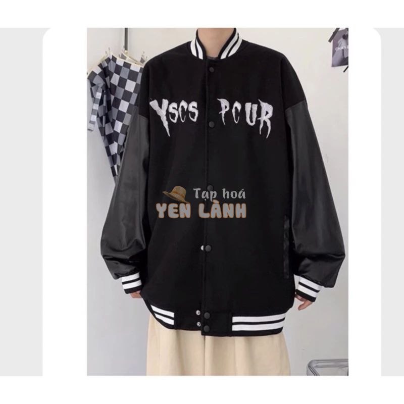 ✅ Áo khoác bomber nam, áo varsity jacket tay da màu đen chất đẹp thời trang unisex