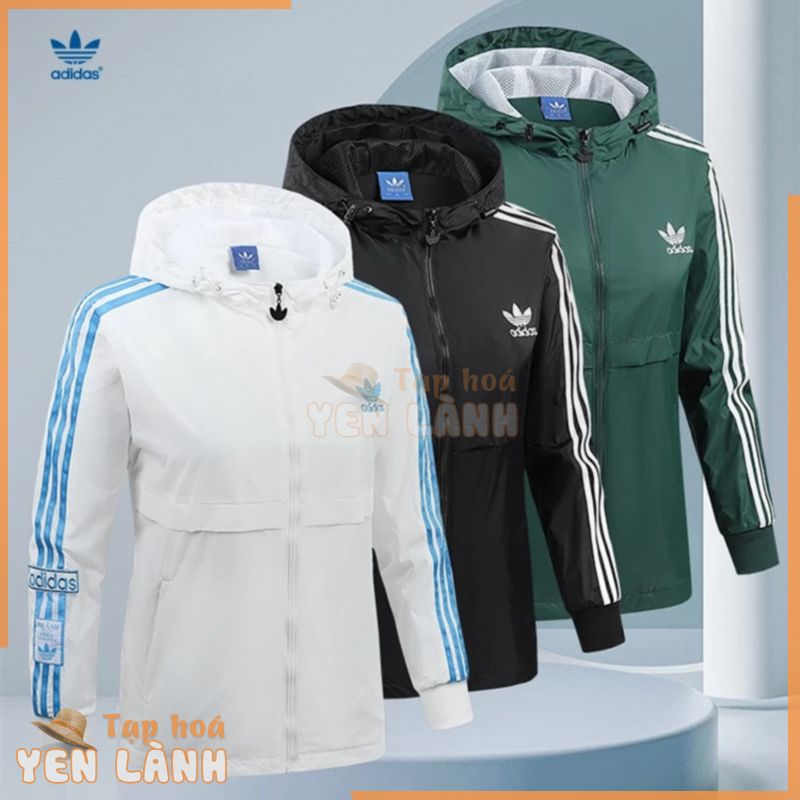 Adidas 100% original clover unisex thêu logo ngoài trời áo gió có mũ trùm đầu không thấm nước cặp đôi áo khoác bỏ túi ba-stripe cổ điển