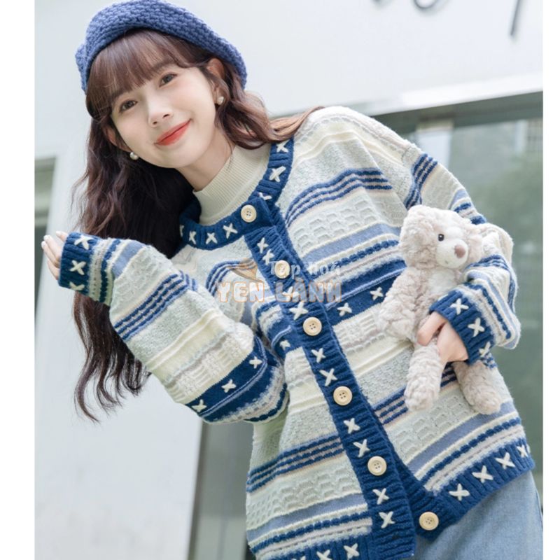 Áo cardigan len Áo khoác cadigan nữ thổ cẩm kẻ sọc kiểu Hàn Quốc Ulzzang basic phong cách idol RENJUN K-17.1