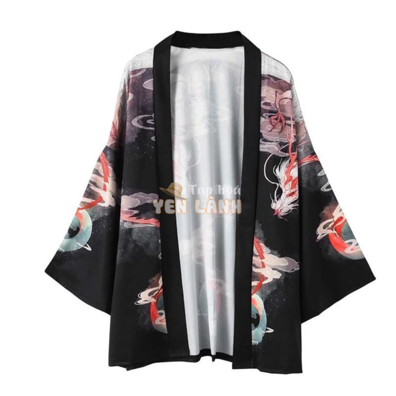 Áo khoác tay dài rộng in hình vẽ rồng kiểu kimono Nhật Bản