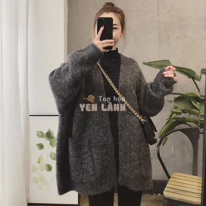 (HÀNG SẴN) Áo khoác cardigan len dày dặn không khuy cổ V form rộng dài vừa hai túi style retro Hàn Quốc( HÀNG_MỚI )