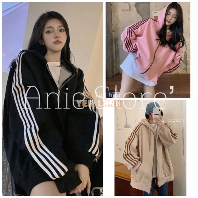 Áo Khoác Nỉ Mỏng Kẻ Sọc Tay Dáng Rộng   Áo Jacket Nữ Dài Tay Khóa Kéo 3 Màu