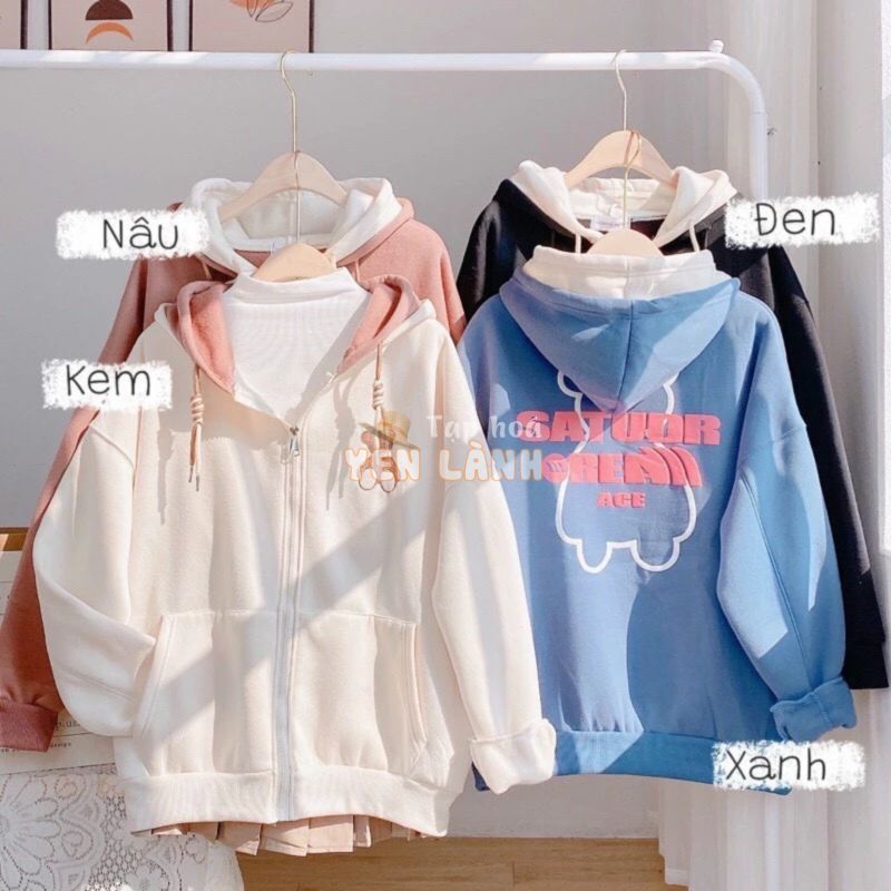 Áo Khoác Hoodie Nỉ Gấu Nón 2 Lớp Khóa Zip Form Rộng Basic Phong Cách Dễ Thương Cute Ulzzang Xù