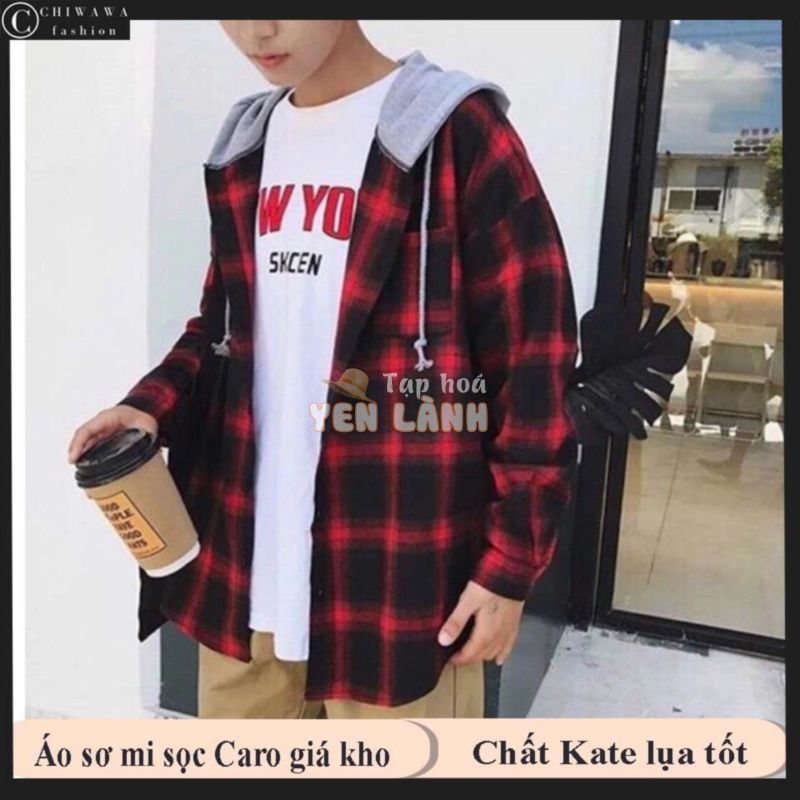 Áo khoác sơ mi caro nam nữ Amozo 024 kiều Hàn Quốc, màu đỏ đen có phối mũ sau cực chất