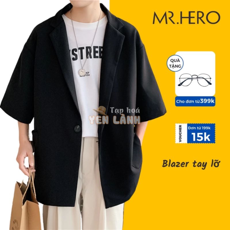 Áo khoác blazer unisex tay lỡ M.RO mùa hè phong cách Hàn Quốc BZZ5 Mrhero màu đen