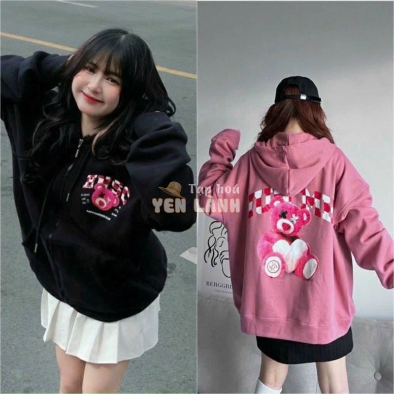 Áo hoodie zip Gấu Teddy, Áo khoác nỉ có mũ thời trang cho nữ