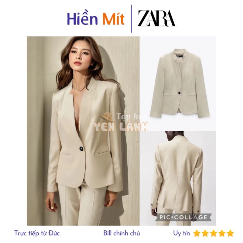 ZARA Đức – Áo blazer auth new tag cao cấp chính hãng có sẵn sale  2753/130 khoác cổ đứng bẻ màu kaki be vest công sở nữ