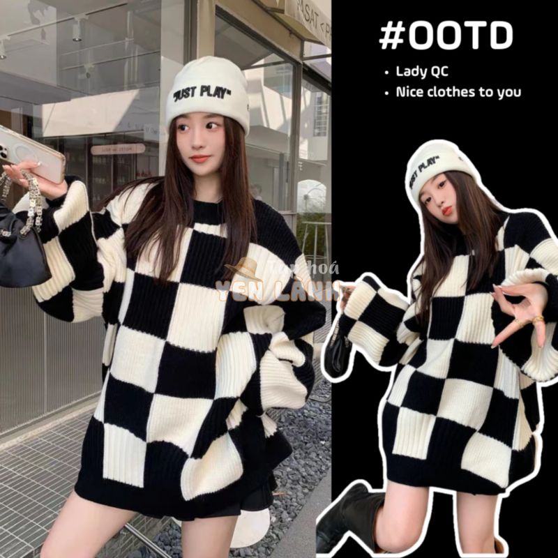 Áo len nữ form rộng dài tay dáng dài họa tiết kẻ caro to kiểu dáng ulzzang cổ tròn hàn quốc LADY QUẢNG CHÂU