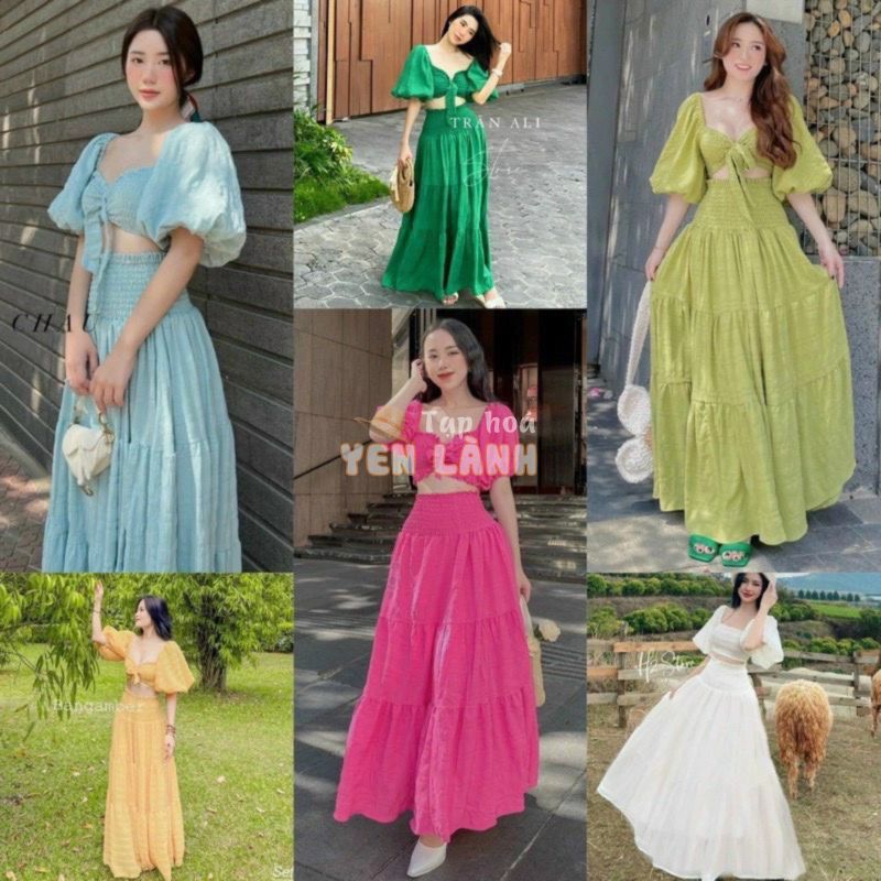 Sét rời váy maxi áo tay bồng croptop mặc 5 kiểu màu cực hot HT062