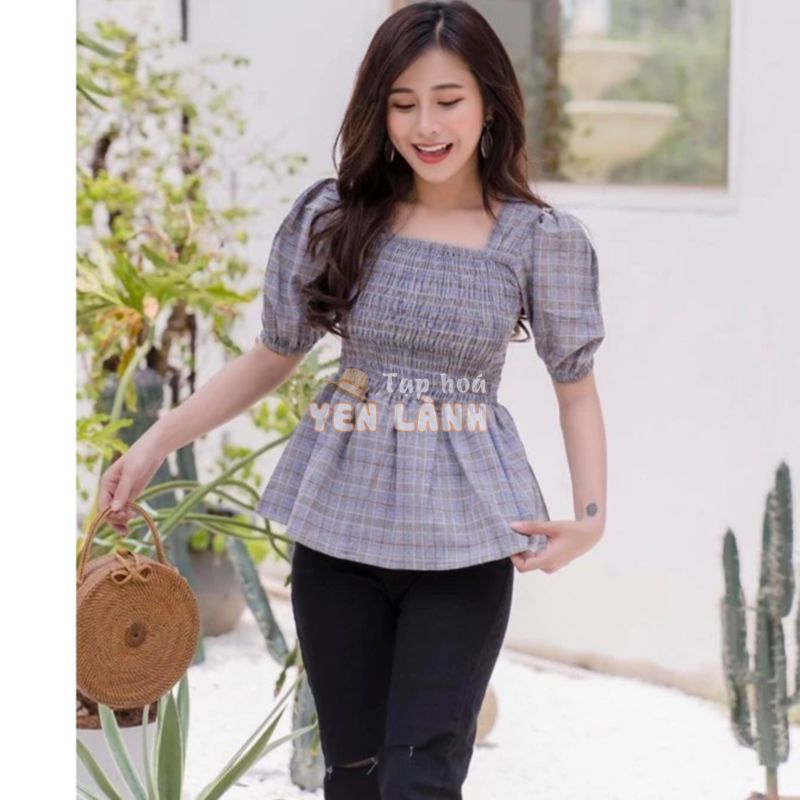 Áo kiểu tay phồng caro_ Áo peplum cao cấp ( kèm hình chụp cận vải )