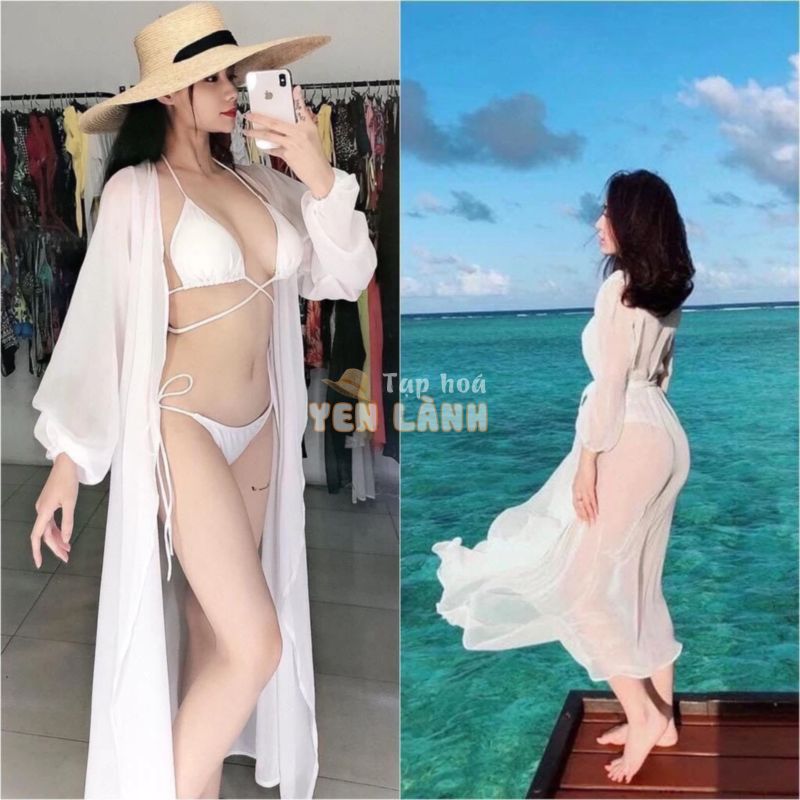 Áo Khoác Kimono Đi Biển Dáng Dài Hai Màu, Áo Choàng Bikini Voan Tay Kiểu [Ảnh Chụp Thật] – OK009