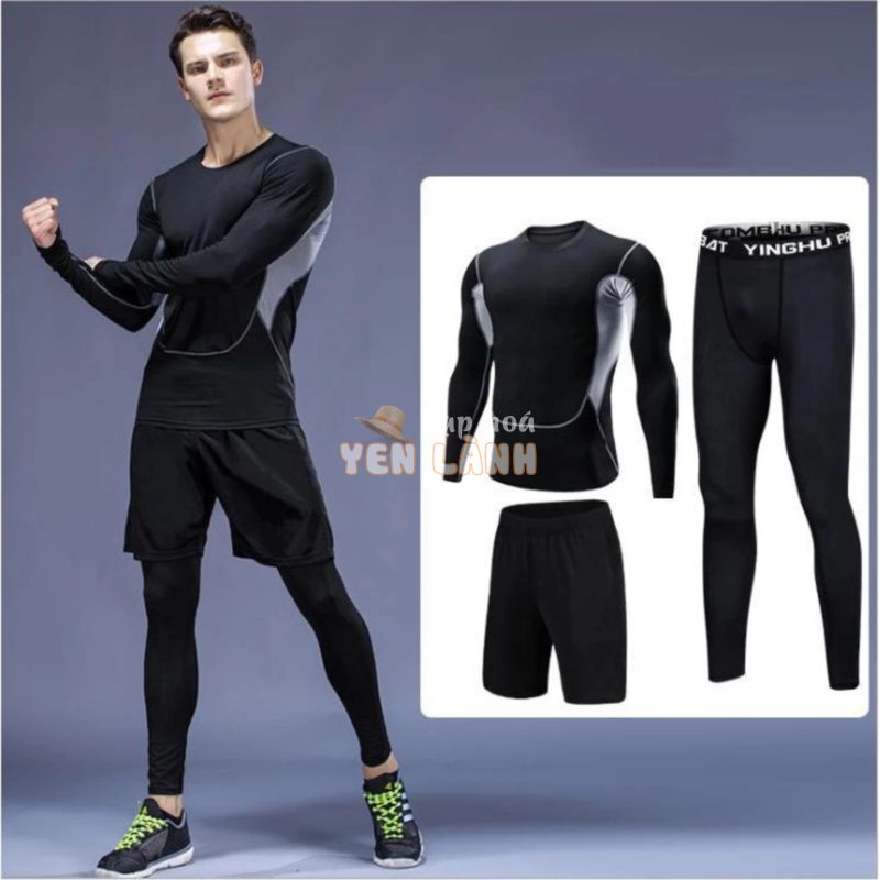 Bộ Quần Áo Dài Tay Legging Nam – Quần Áo Giữ Nhiệt 3 in 1 Đen Xám