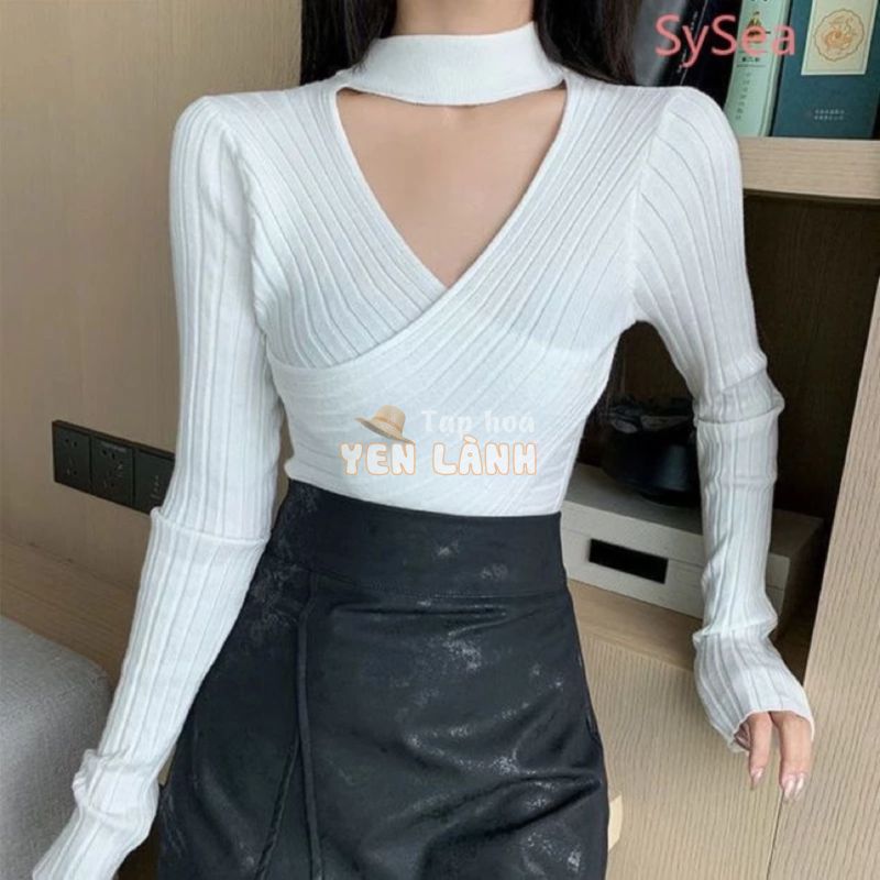 Áo Choker Len Dệt Đan Chéo Croptop Tay Dài ELAVISTA